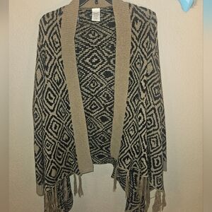 Women's black/tan Geometric Pattern open-front cardigan Poncho fringe hem Sz XL